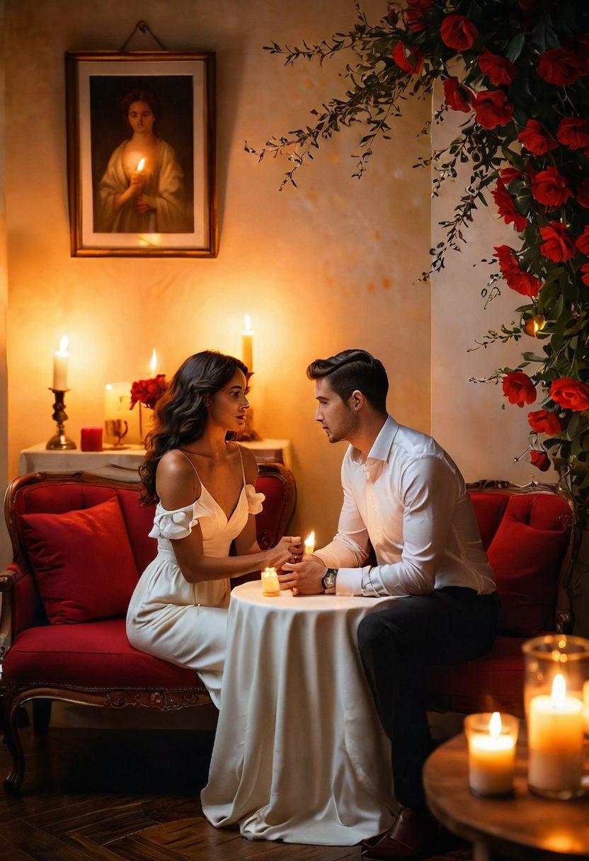 A visually captivating scene featuring a couple engaged in an intimate conversation, surrounded by soft candlelight in a cozy room. Elements of art and flowers subtly woven into the backdrop imply creativity and romance, while a gentle touch of mystery lingers in the air. The colors are warm and inviting, with hints of red symbolizing passion. elegant and sophisticated style. vibrant colors. soft focus.