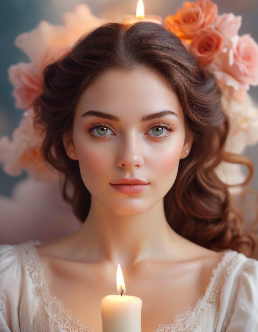 A serene, enchanting setting featuring a confident woman with captivating eyes gently gazing into the viewer, surrounded by soft clouds and subtle spirals of light. In the background, hints of romantic elements like flowers and candles to symbolize intimacy. The color palette should evoke feelings of passion and connection, with warm, inviting tones. super-realistic. vibrant colors. soft focus.