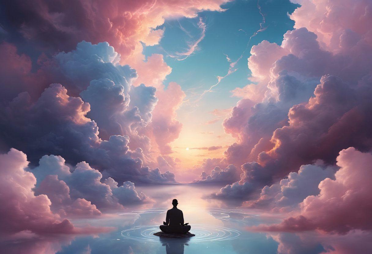 A surreal landscape depicting a crossroads of emotions, where a silhouette of a man sits in meditation surrounded by swirling clouds representing thoughts of desire and intimacy. Ethereal wisps of light weave through the scene, symbolizing the connection between mind and spirit. Gentle pastel colors blend harmoniously to evoke a sense of tranquility and depth. Dreamlike elements like floating symbols of healing and unity float above. super-realistic. vibrant colors. ethereal atmosphere.